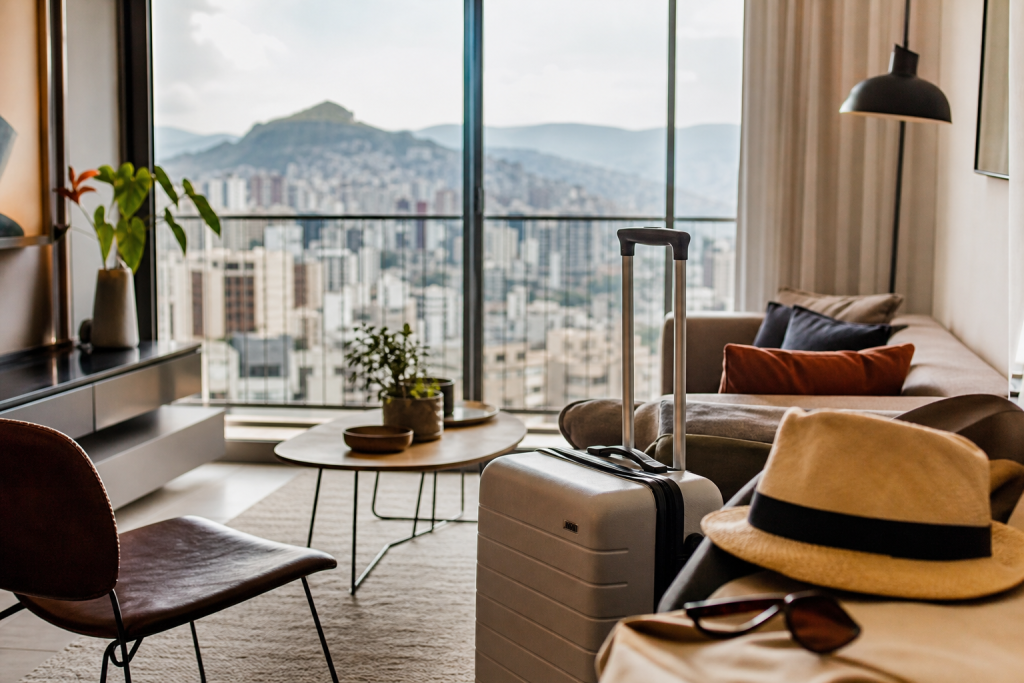 Aluguel por temporada movimenta R$ 1,27 bilhão em Belo Horizonte, aponta levantamento Vista de Belo Horizonte ao fundo e apartamento preparado para receber visitantes, com mala e objetos de viagem